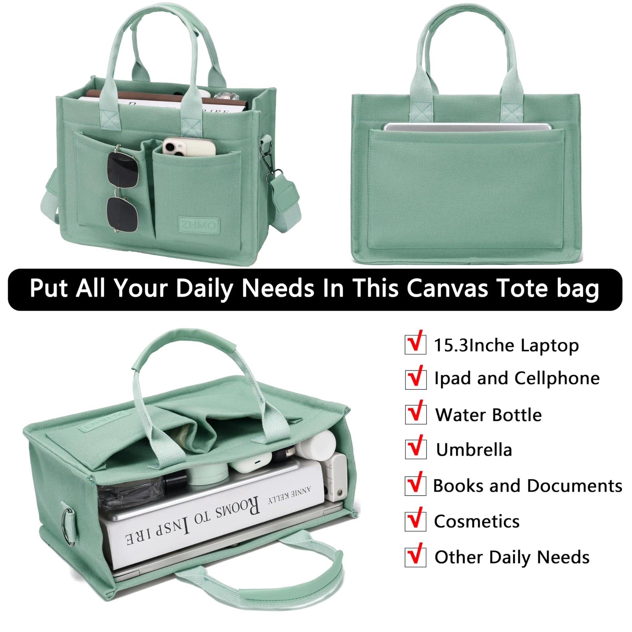 Large Canvas Tote Bag for Women With Pockets,Laptop Crossbody Purses