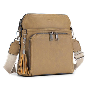 Leather Women's Shoulder Handbags with Tassel Taupe